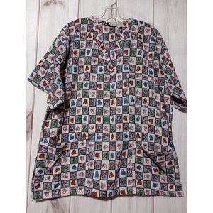 Point One Scrub Top Ladies Large Teddy Bear Heart Blue Red V-Neck